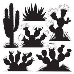 Fototapeta premium Black and white cactus plants silhouette illustration set.