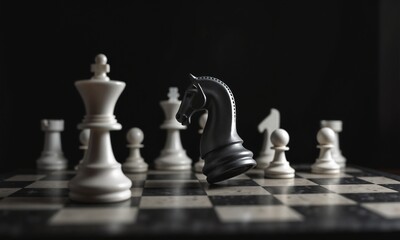 Mid-game chessboard with a poised knight ready to strike in an intricate arrangement of pieces on a vintage wooden board