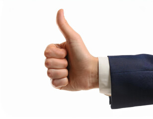 Mano con pulgar hacia arriba en se&ntilde;al de negocio con &eacute;xito, acuerdo o aprobaci&oacute;n