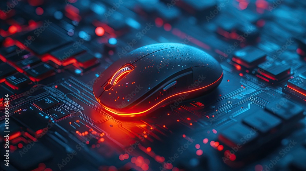 Poster high-tech wired mouse on circuit board background