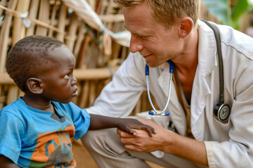Humanitarian male doctor comforting African child during medical mission