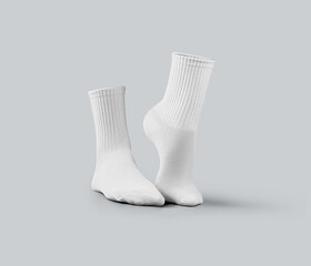 Template of white medium socks 3d rendering, stretched toes, gaiters isolated on background, side view.