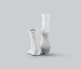 Mockup of white medium socks 3d rendering, stretched toes, for design, branding, back view.