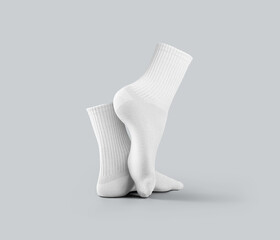 Template of white medium socks 3d rendering, stretched toes, gaiters with elastic band, isolated on background, side view.