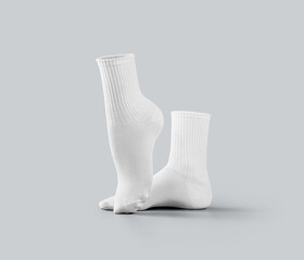 Mockup of white medium socks 3d rendering, stretched toes, gaiters with elastic average band,...