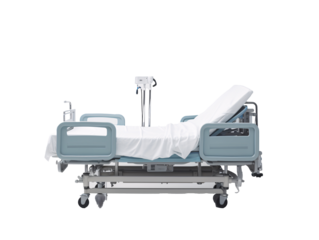 a hospital bed with a white sheet on it