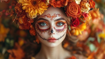 Young beautiful girl dressed in a Halloween costume, holding a pumpkin lantern, surrounded by spooky decorations during the night.