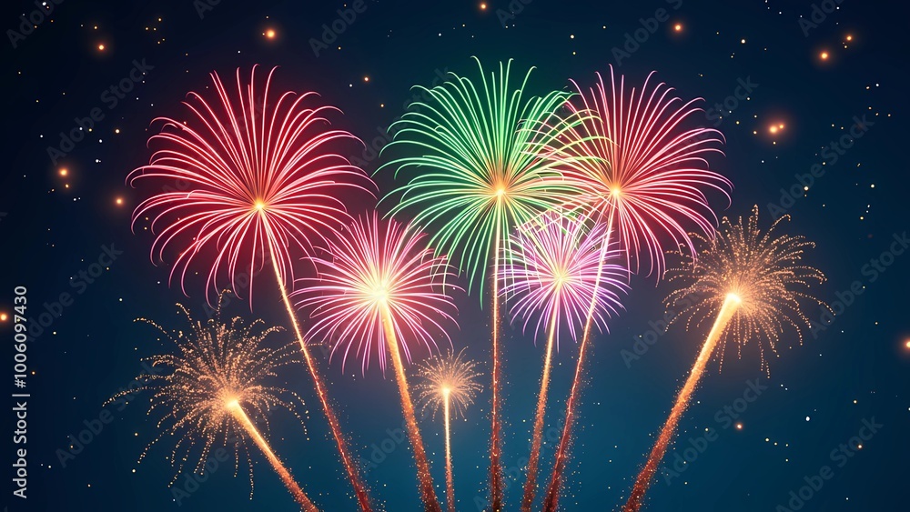 Poster a display of colorful fireworks lights up the dark blue sky, creating a dazzling scene filled with s