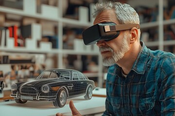 Man using virtual reality headset to design a vintage car model