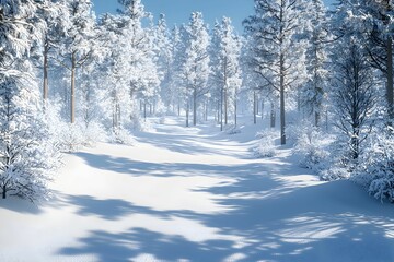 Obraz premium Snow-covered pathway through a serene forest during winter sunlight