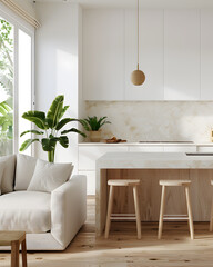 Modern, white minimalist interior with kitchen, sofa, wood floor, wall panels and marble kitchen island. 3d render.