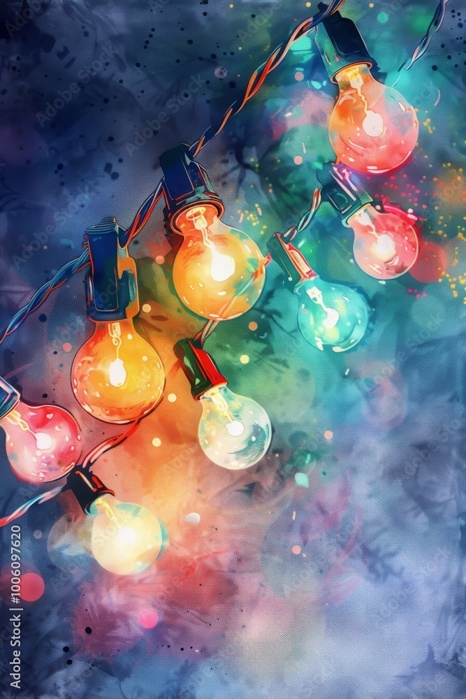 Poster bright and colorful string lights hanging against a vivid, abstract background, creating a festive a