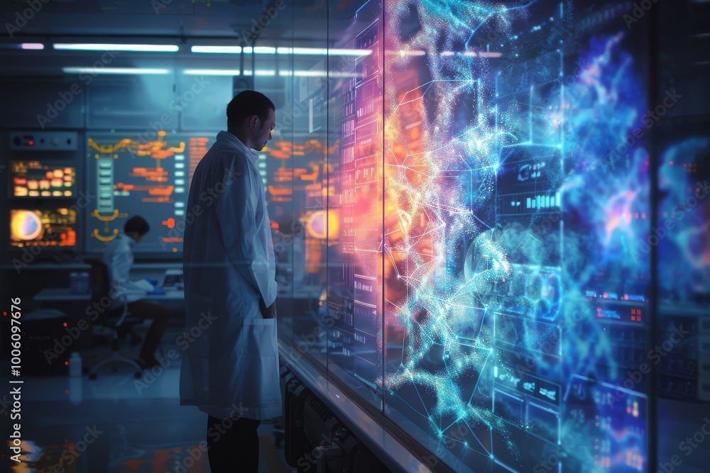 Poster a scientist explores innovative digital data visualizations in a high-tech laboratory, showcasing cu