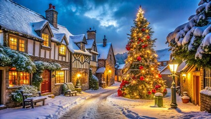 A beautiful European square at Christmas, featuring a large decorated tree, colorful old buildings,...