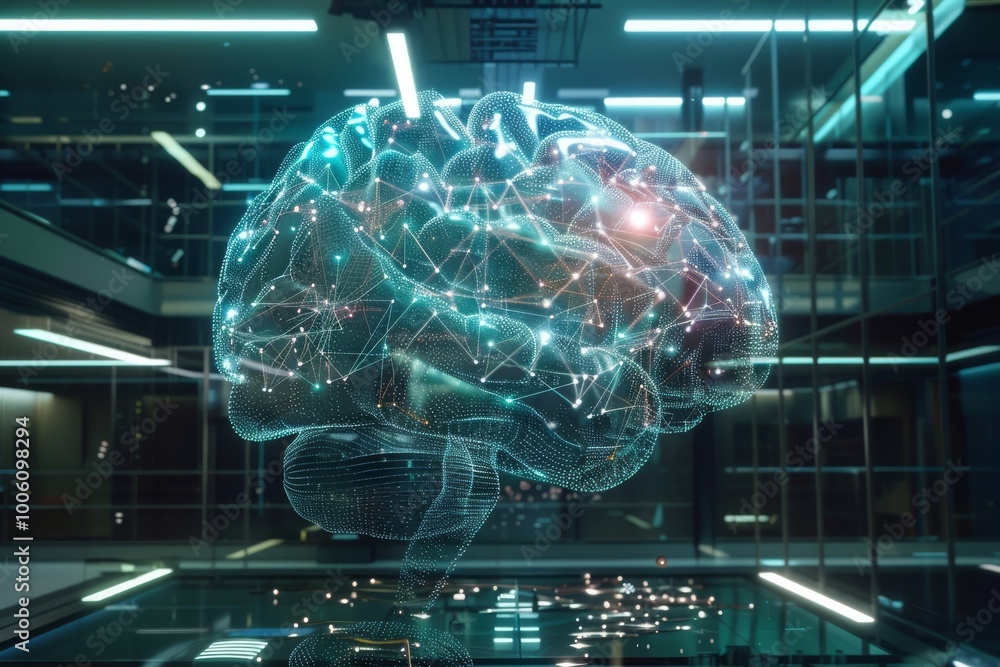 Poster intricate digital brain model illuminated in a futuristic laboratory, showcasing advanced neural con