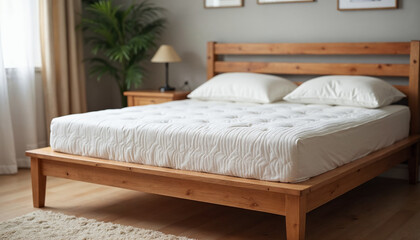 Wooden bed with soft white mattress and pillows in cozy room interior