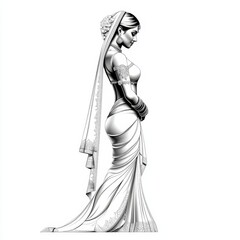 Indian Woman in Traditional Sari  Elegant Black and White Illustration