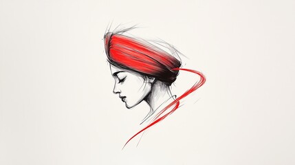 Naklejka premium Woman in Red Headscarf Side Profile Sketch Illustration