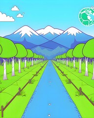 A picture of a tree with a river and mountains in the background.