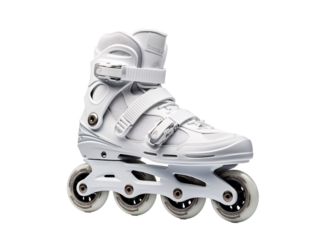 a white roller skate with four wheels