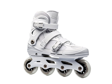 a white roller skate with four wheels