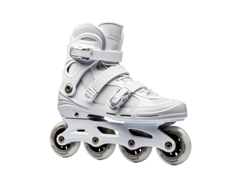 a white roller skate with four wheels