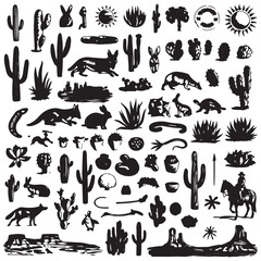 Fototapeta premium Black and white cactus plants silhouette illustration set.