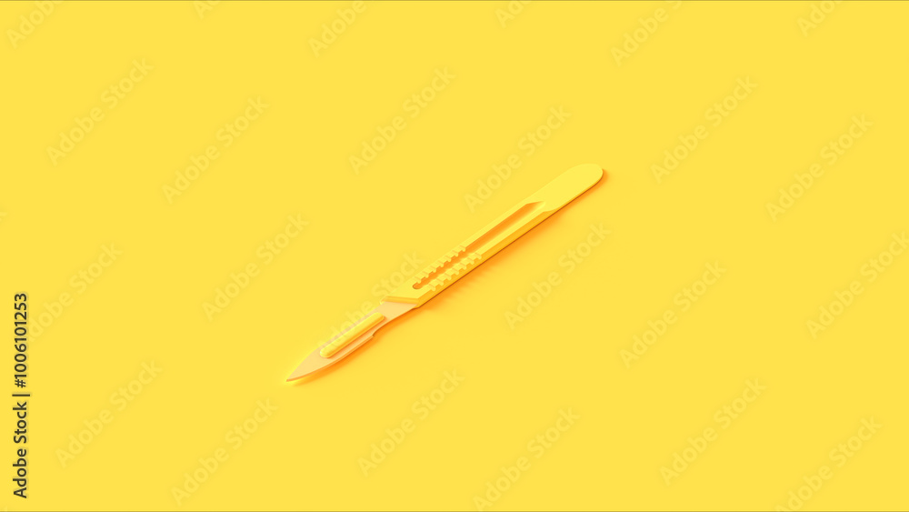 Poster yellow scalpel sharp blade cutting tool handle vivid monochrome background 3d illustration render
