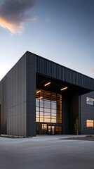 Fototapeta premium Photo of an industrial building with black steel and blue accents, modern design