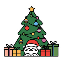 Christmas tree with gifts and cat wearing santa hat illustration