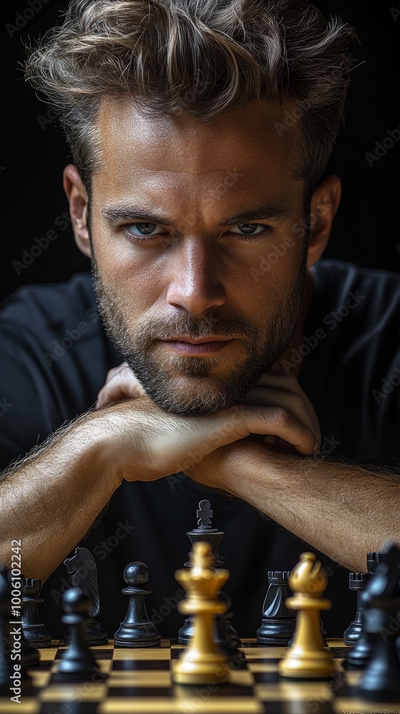 Poster A man is posing for a picture with a chess board in the background