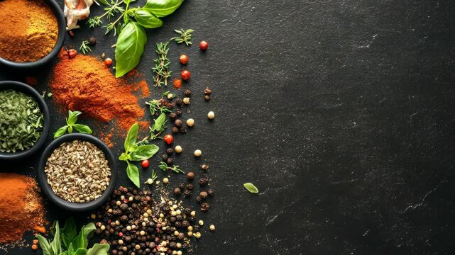Various spices and herbs are scattered on a dark countertop, ready for a culinary adventure