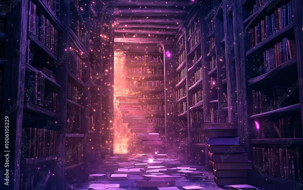 Poster a mystical library filled with floating books and glowing light, creating an enchanting atmosphere o