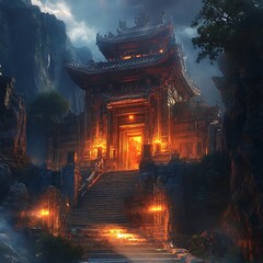 Fototapeta premium Temple in lush jungle surrounded by glowing forest light image