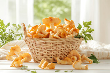 Wicker basket filled with orange chanterelle mushrooms