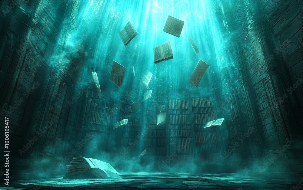 Poster a mystical library scene with floating books illuminated by ethereal light, creating an enchanting a