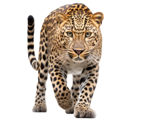 a leopard walking on a white background