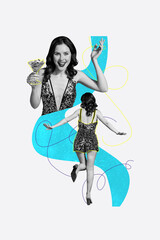 Vertical composite artwork collage picture image of excited girl cocktail glass dress isolated on creative background