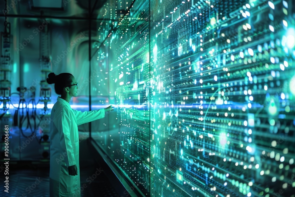 Poster a scientist exploring vibrant digital data displays in a futuristic laboratory during a groundbreaki