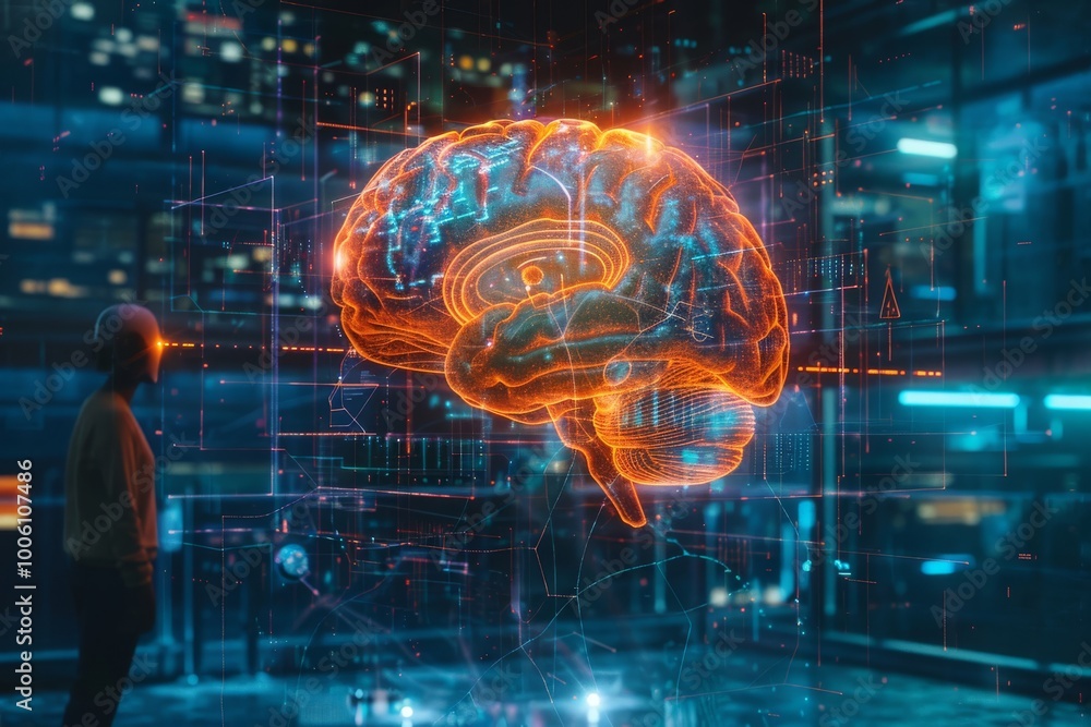 Poster a futuristic exploration of the human brain illuminated in neon lights inside a high-tech urban labo