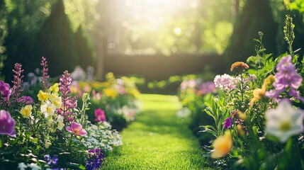 Obraz premium A vibrant garden path lined with colorful flowers, bathed in warm sunlight, inviting tranquility and natural beauty.
