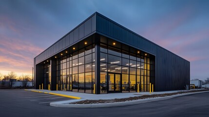 Obraz premium Photo of an industrial building with black steel and blue accents, modern design