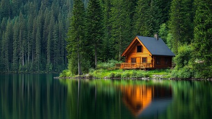 Fototapeta premium A serene wooden cabin by a calm lake, surrounded by lush green trees, reflecting tranquility and nature's beauty.