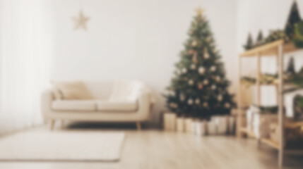 A minimalist Christmas living room with a beautifully decorated tree and cozy ambiance