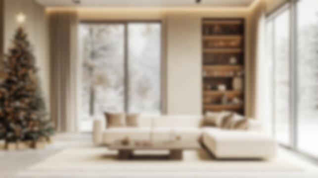 Cozy minimalist Christmas living room with a blurred background during a virtual call