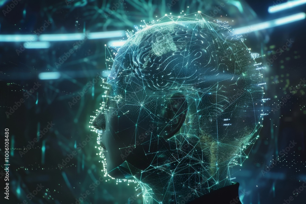 Poster exploring the depths of artificial intelligence with a digital brain in a futuristic landscape of in