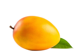 a yellow mango with green leaves