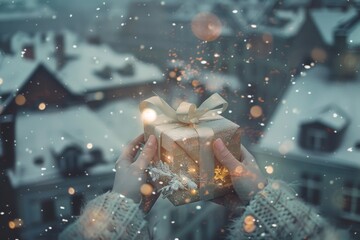 A person is holding a gold box with a white bow on it. The box is decorated with snow and lights