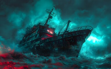 Fototapeta premium Captains navigate the treacherous Bermuda Triangle confronting the unexplained eerie disappearance of islands glowing pulsing vortexes