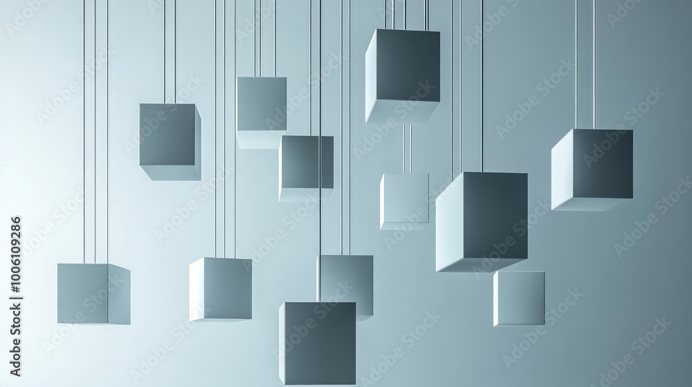 Poster abstract 3d cubes in shades of gray, suspended in space with subtle shadows, creating a minimalistic